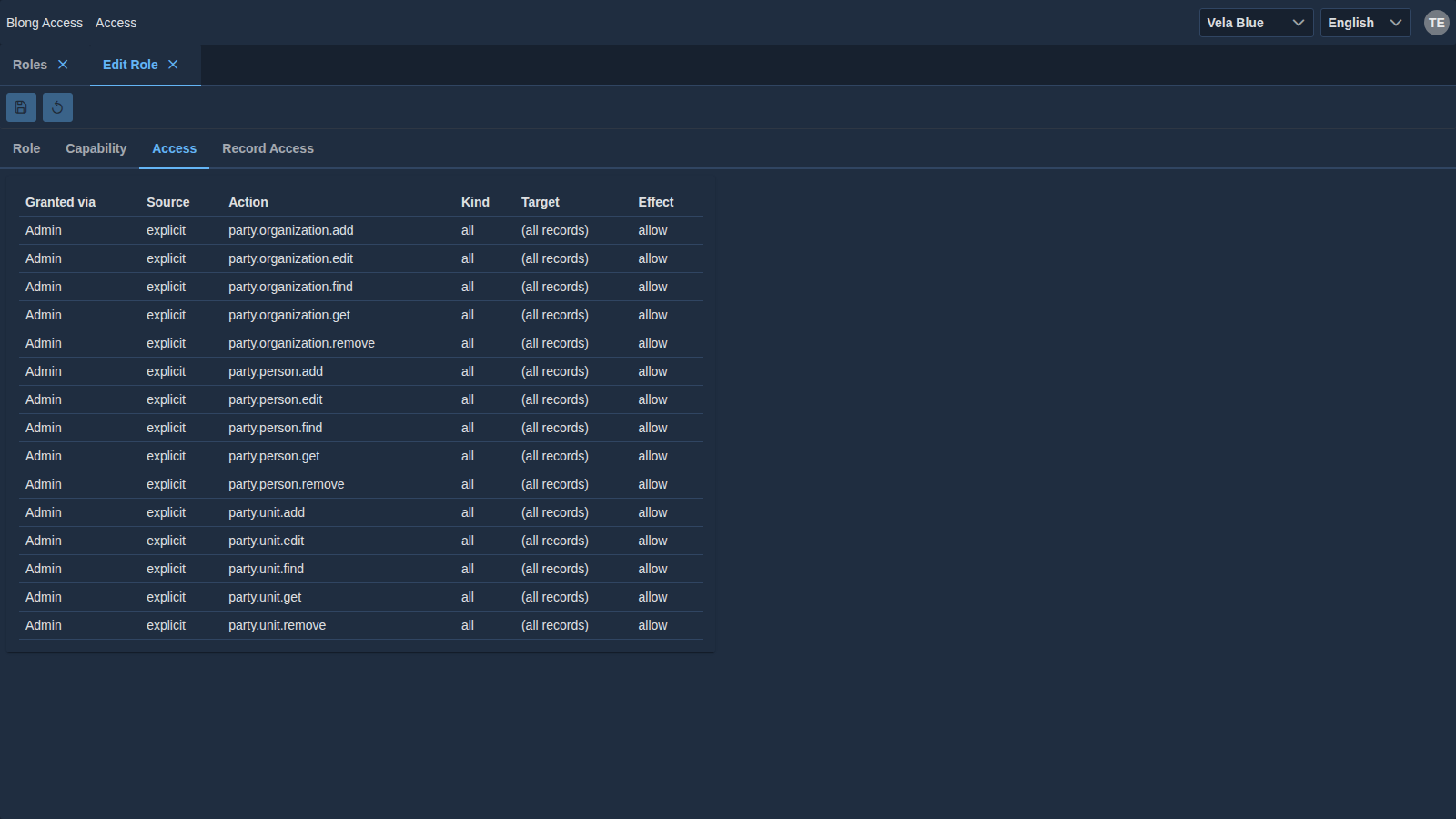 The Access tab of the Admin role, listing its effective rules