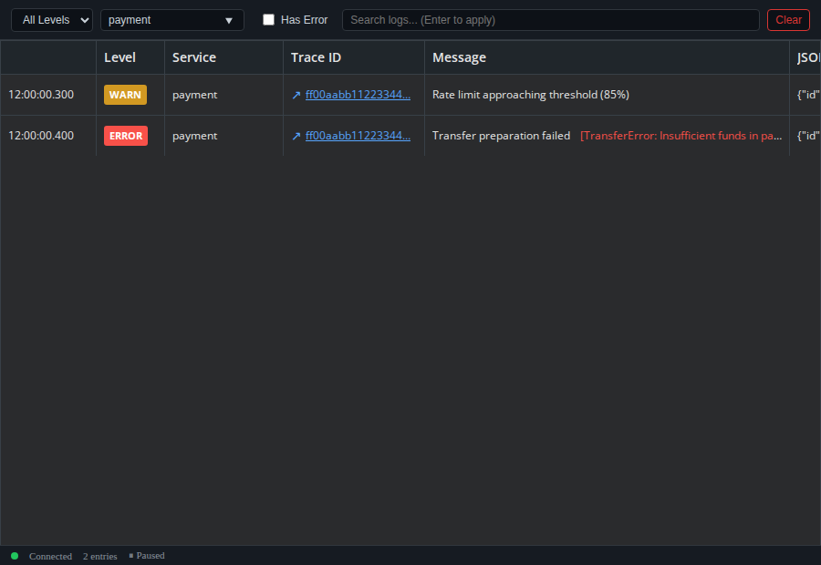 The viewer with the Service filter applied: one warning and one error from the payment service