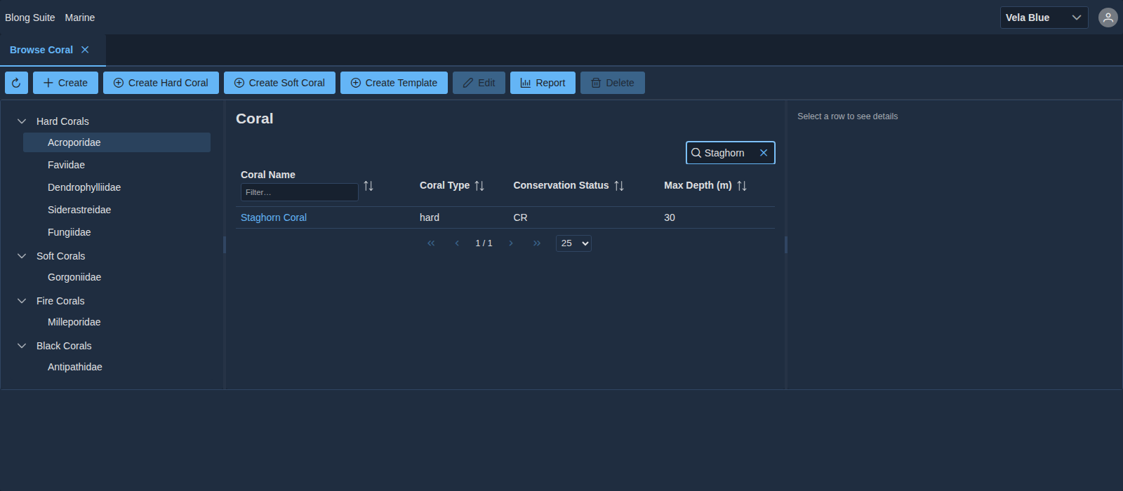 The generated browse page for the coral entity: the navigator, the table of corals and the selected
record's detail