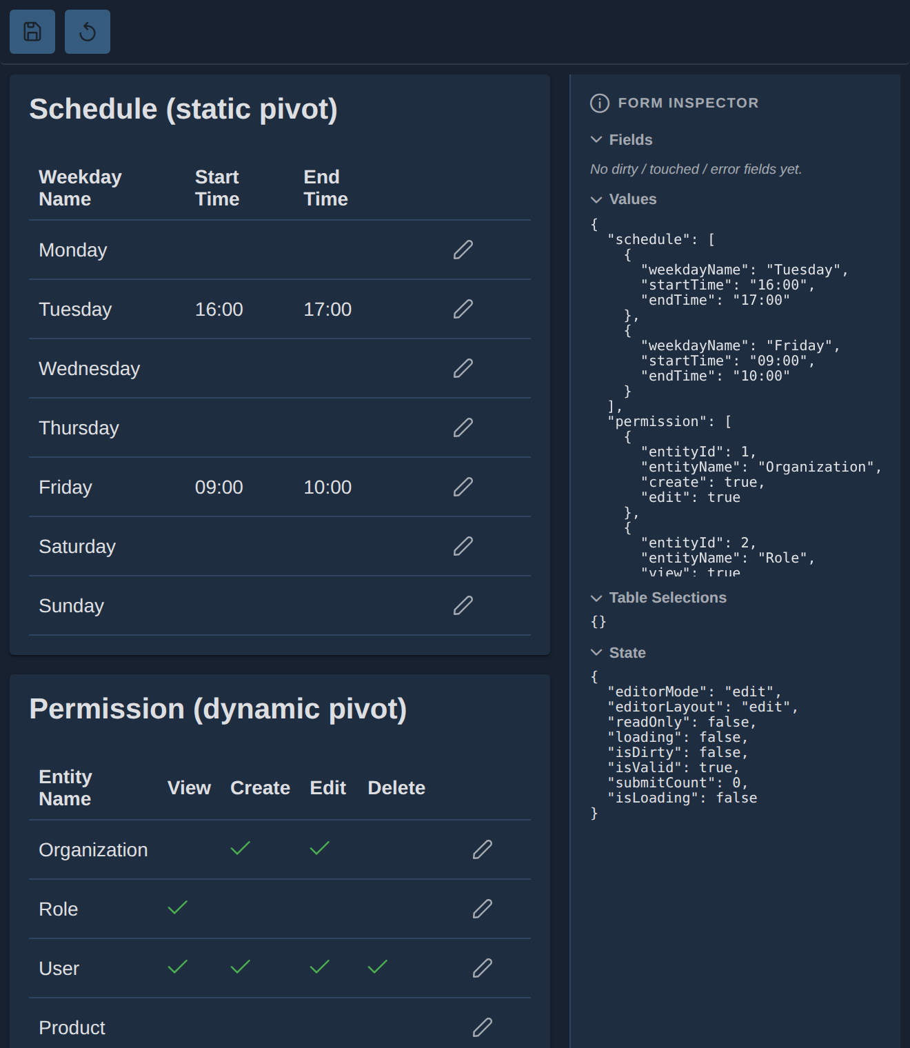The pivot story: a weekday schedule from static rows and a permission matrix from a dropdown