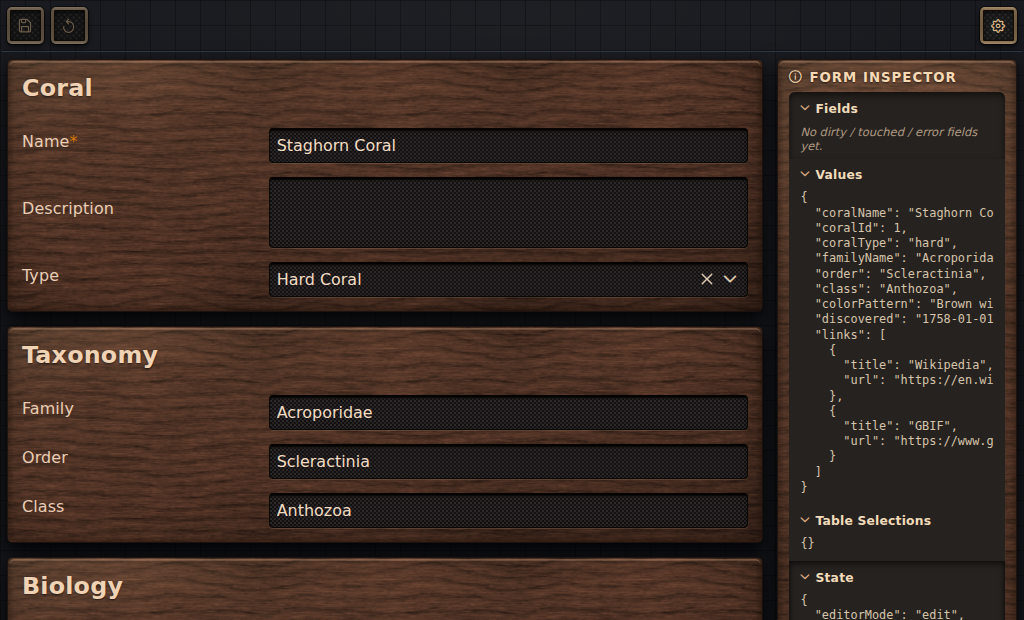 The same editor page in the wood variant